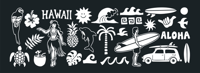 Hawaii vector graphic set with surfer, waves, tropical plants, parrot, hula dancer, dolphins, pineapples, tiki elements, and "Aloha" text. Perfect for summer, beach, travel, and vacation designs. © cddesign.co