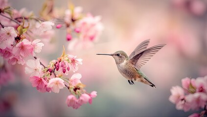 A hummingbird in flight, amidst a profusion of delicate pink cherry blossoms.  Soft focus, pastel tones