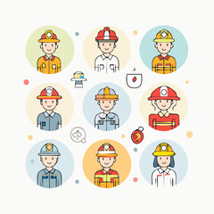 Fototapeta premium Vector icon set of emergency and public service jobs like firefighter, police officer, paramedic, lifeguard, and security guard, in flat line art style.