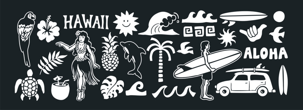 Hawaii vector graphic set with surfer, waves, tropical plants, parrot, hula dancer, dolphins, pineapples, tiki elements, and "Aloha" text. Perfect for summer, beach, travel, and vacation designs.