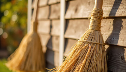 Two straw brooms hanging on wooden wall in sunny garden  