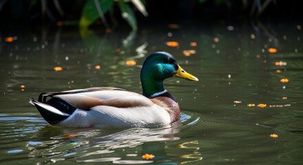 Obraz premium A mallard duck swims serenely on the shimmering water.