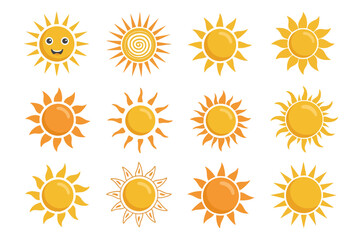 Sun icon set bright rays collection, weather symbol vector, sunshine badge illustration, summer logo element pack, flat design clipart