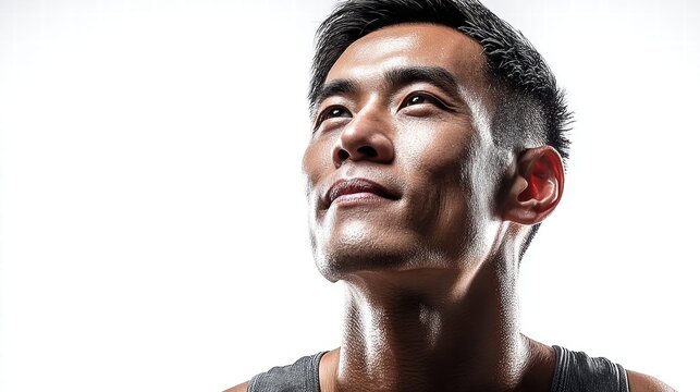A handsome Asian man gazes upward with a hopeful, contemplative expression in a studio setting.