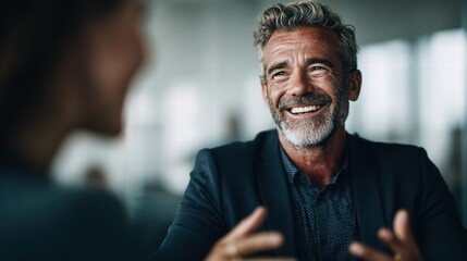 Obraz premium A joyful man shares ideas during a professional business meeting or discussion.