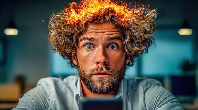 Shocked man with flaming hair stares in disbelief at his smartphone.