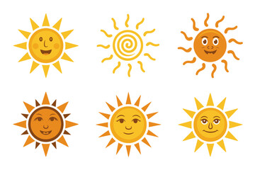Happy sun face icons, cute weather smile set, bright sunshine vector, summer emoji illustration, children sticker design