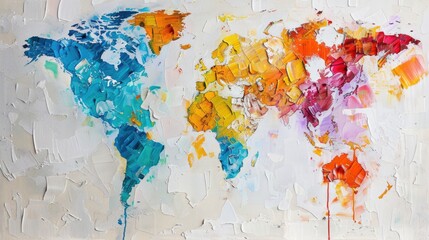 oil painting of vividly colorful world map in a textured white background