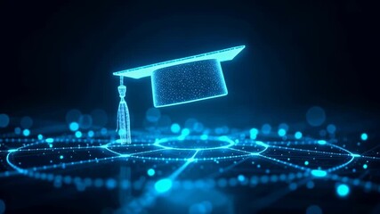 Graduation cap glows in digital network of connected nodes representing education technology