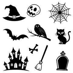 Obraz premium Collection of black silhouette Halloween icons vector illustration
