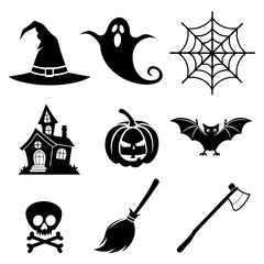 Obraz premium Collection of black silhouette Halloween icons vector illustration