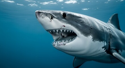 Naklejka premium Large Great White Shark Swimming in Deep Blue Ocean Underwater Scene