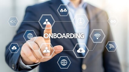 Businessman interacts with digital onboarding process interface