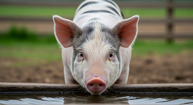 Young Pig Drinking Water on Farm in Bright Outdoor Setting