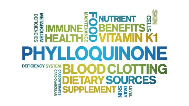 Phylloquinone Vitamin K1 animated word cloud-text design animation tag kinetic typography seamless loop.