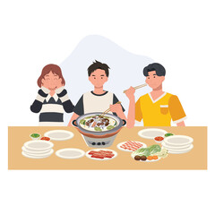 friends enjoying moo kratha thai bbq hot pot meal with grilled meat vegetables and sauces around a shared tabletop grill