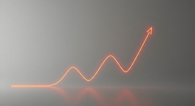 Orange neon arrow pointing upwards on a gray background, symbolizing growth, success, and positive trends in business and finance, with a modern and dynamic feel