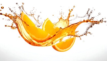 Dynamic burst of citrus delight: Orange segments engaging with a fluid splash against a pristine