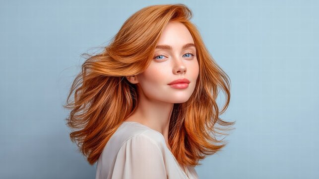 Gorgeous redhead model with bright blue eyes poses for a stunning portrait.
