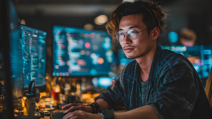 Fototapeta premium Startup manager leveraging machine learning technology in office to gain competitive edge. Asian Silicon Valley company IT expert working on rapid technological advancement, camera B