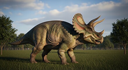 Fototapeta premium Large Triceratops Dinosaur Walking in Open Grassland with Blue Sky and Trees