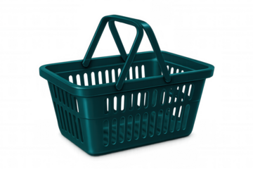 Teal plastic shopping basket isolated on transparent background, ready for adding products for retail marketing visuals