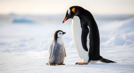 Naklejka premium Emperor Penguin with Chick Standing on Snow in Antarctica