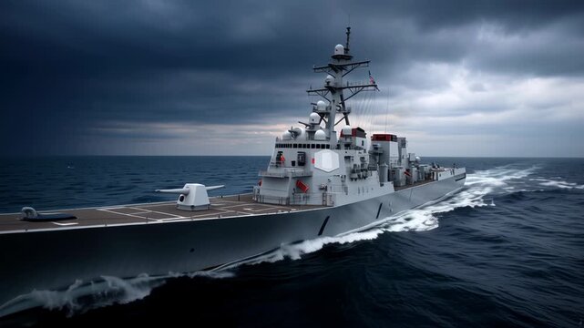 Military ship navigates through rough seas under dramatic skies