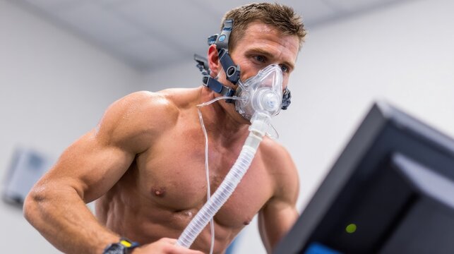 A shirtless man exercises on a treadmill while wearing a metabolic mask for performance assessment. He is focused and surrounded by modern training equipment in an indoor gym environment