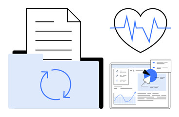 Documents placed in a sync folder, heart with pulse line, and analytics dashboard. Ideal for healthcare, data management, medical research, analytics, reporting, technology simple landing page