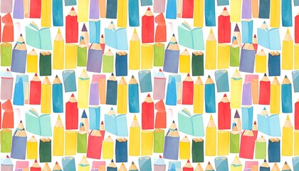 Colorful Watercolor Pencils and Books Seamless Pattern on White Background