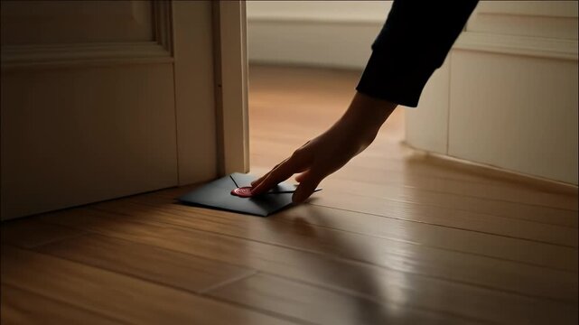 Hand slips a thin object under a doorway, a subtle movement revealing a hidden message or item, hinting at secrecy and intrigue.