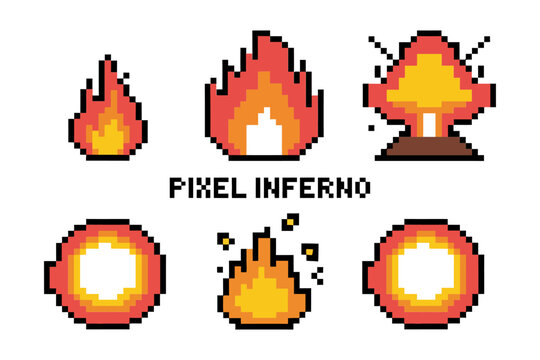 Pixel fire and explosion icon set, flame burst spark energy orb, 8 bit vector, retro game effect sprites, particle animation pack