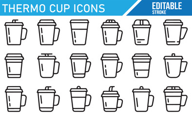 Set of editable thermo cup icons representing different styles and lid designs for thermal mugs, displayed with clean, minimalist lines.