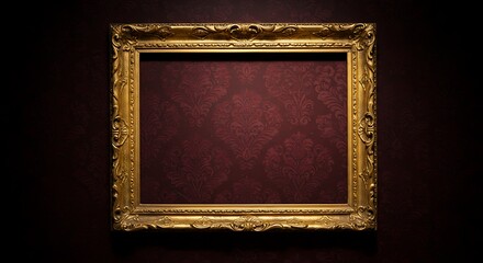 Empty antique gold picture frame on burgundy wall