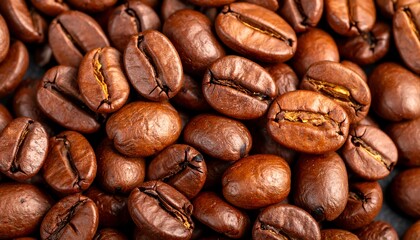 Obraz premium Close-up of Roasted Coffee Beans Showing Details and Textures, Macro Shot.