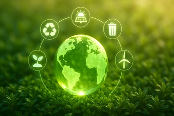 Glowing green planet earth surrounded by circular icons representing sustainability renewable energy recycling and environmental protection on a lush green background