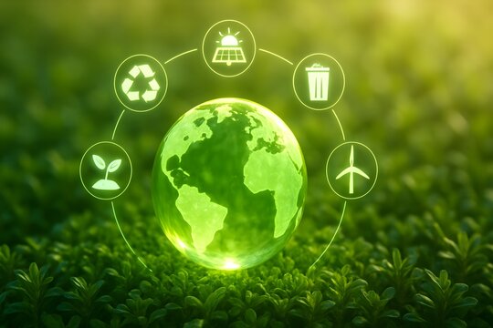 Glowing green planet earth surrounded by circular icons representing sustainability renewable energy recycling and environmental protection on a lush green background