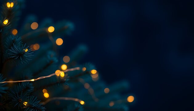 Warm fairy lights illuminate a dark blue spruce tree branch, creating a cozy, festive ambiance.