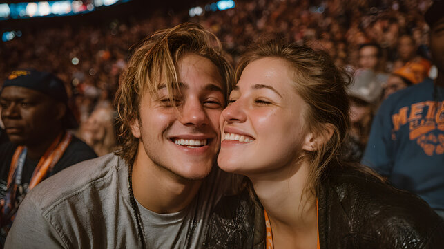 A joyful couple reacts to appearing on the kiss cam during a live event. The video captures genuine human emotions, spontaneous laughter, and a kiss, surrounded by an enthusiastic crowd.