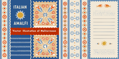 Amalfi coast italian mediterranean design with sun and fish motifs