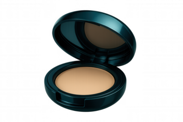 Beige face powder resting inside dark green compact, transparent backdrop highlighting cosmetic product for makeup design needs