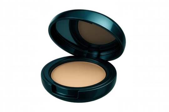 Beige face powder resting inside dark green compact, transparent backdrop highlighting cosmetic product for makeup design needs
