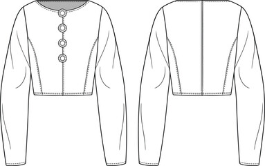 Front button cropped long sleeve jacket, fashion cad design, vector technical sketch, women’s top garment, clothing illustration, flat drawing