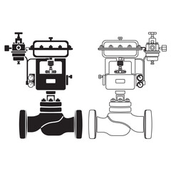 Detailed vector of industrial control valve in silhouette and outline style, perfect for engineering diagrams, mechanical equipment visuals, and process automation graphics.