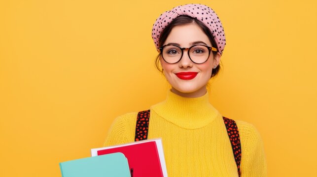 A young woman with glasses and a pink headband smiles brightly against a yellow background, holding colorful notebooks. - Powered by Adobe