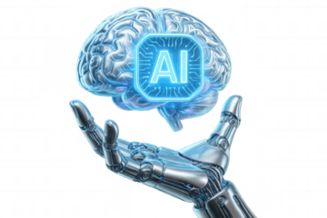 Metallic robotic hand holding a glowing human brain with ai symbol, embodying artificial intelligence concept, on a transparent background