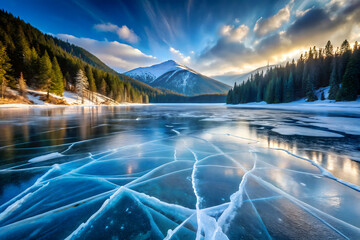 Cracks on the surface of the blue ice. Frozen lake in winter mountains. It is snowing. The hills of pines. Carpathian Ukraine Europe