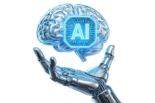 Metallic robotic hand holding a glowing human brain with ai symbol, embodying artificial intelligence concept, on a transparent background