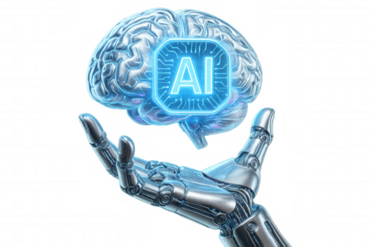 Metallic robotic hand holding a glowing human brain with ai symbol, embodying artificial intelligence concept, on a transparent background - Powered by Adobe